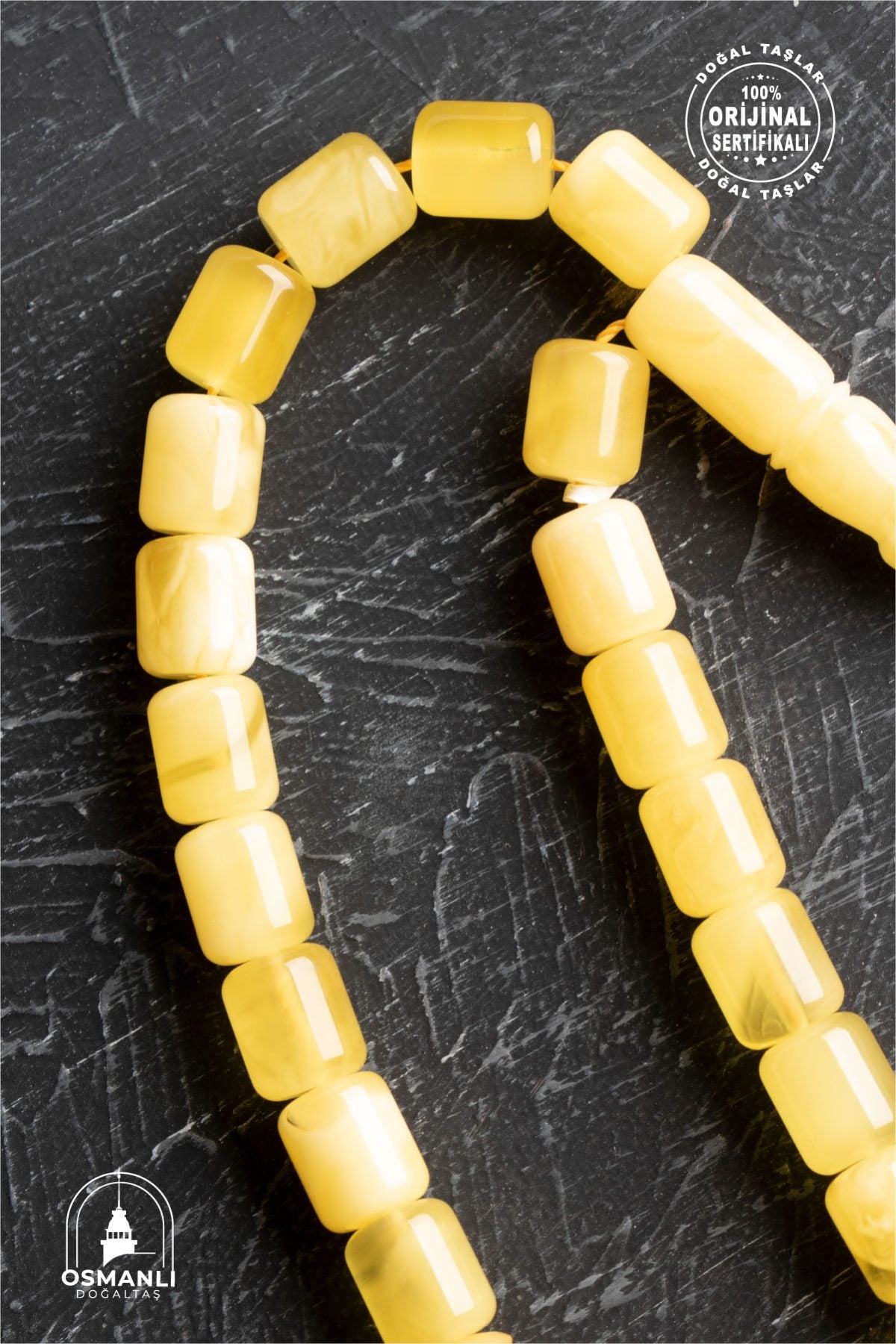 Sertifikalı 7-8 mm Silindir Kesim Gold Eskitme Kaplamalı Gümüş İmame ve Püsküllü Kehribar Tesbih
