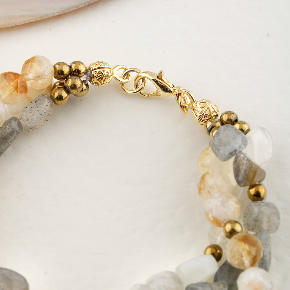 Labradorit-Sitrin-Ay Taşı Altın Kaplama Kapama Doğal Taş Bileklik