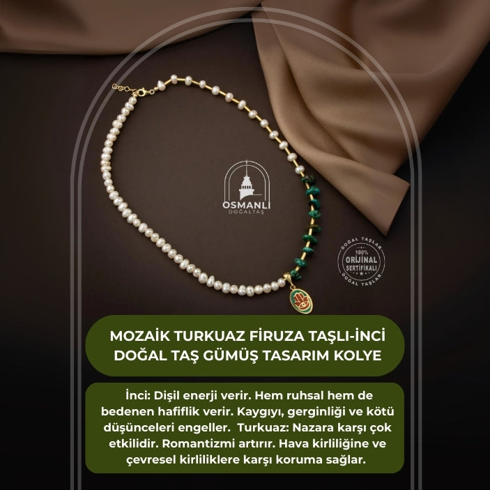 Mozaik Turkuaz Firuza Taşlı-İnci Doğal Taş Gümüş Tasarım Kolye