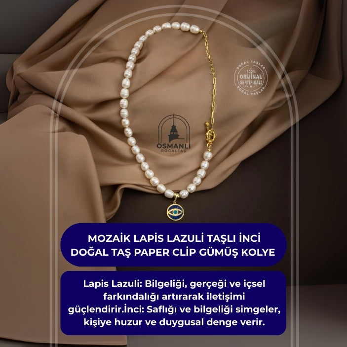 Mozaik Lapis Lazuli Taşlı İnci Doğal Taş Paper Clip Gümüş Kolye - 54cm