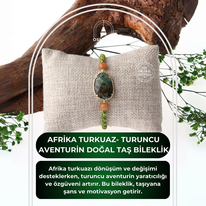 Afrika Turkuaz- Turuncu Aventurin Doğal Taş Makrome Örgü Bileklik
