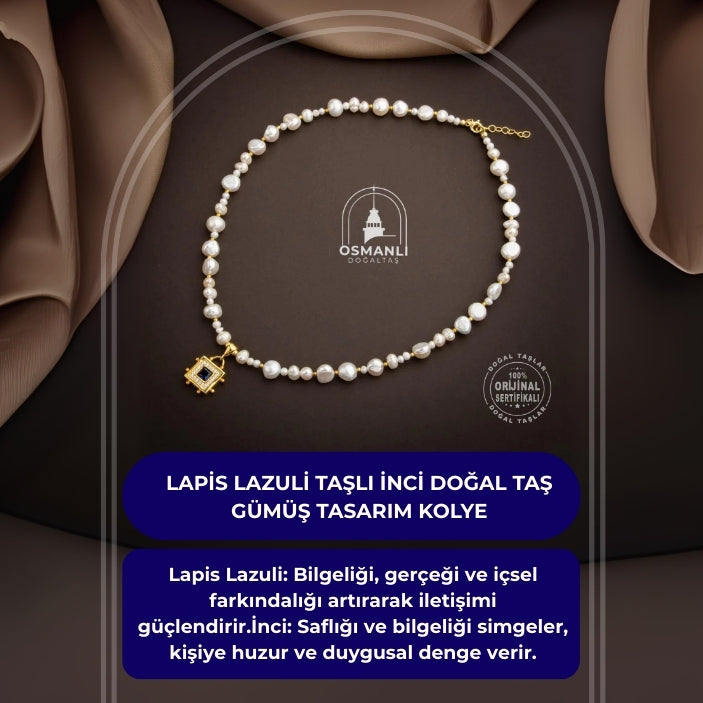 Lapis Lazuli Taşlı İnci Doğal Taş Gümüş Tasarım Kolye - 54cm