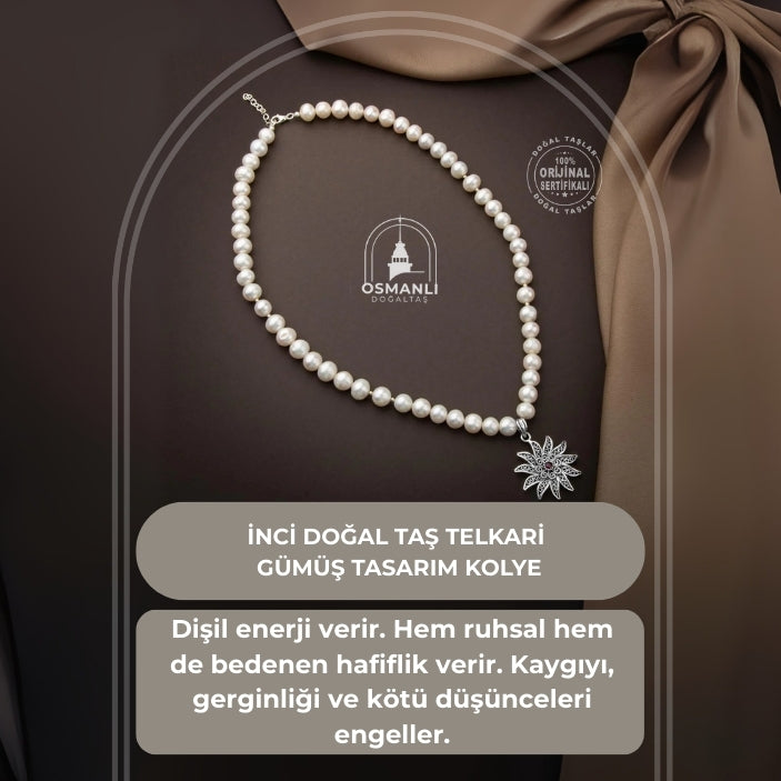 İnci Doğal Taş Telkari Gümüş Tasarım Kolye - 54cm