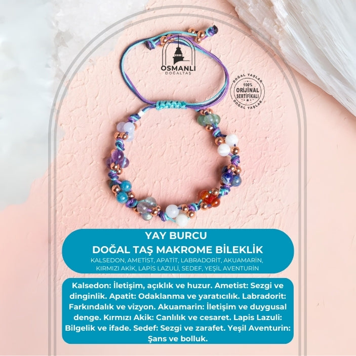 Sertifikalı Yay Burcu Doğal Taş Makrome Bileklik