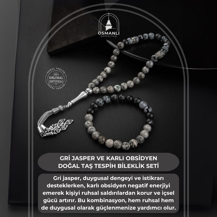 Gri Jasper-Karlı Obsidyen Doğal Taş Tesbih Bileklik Seti