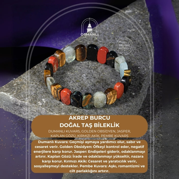 Akrep Burcu Bileklik Dumanlı Kuvars, Golden Obsidyen, Jasper, Kaplan Gözü, Kırmızı Akik, Pembe Kuvars