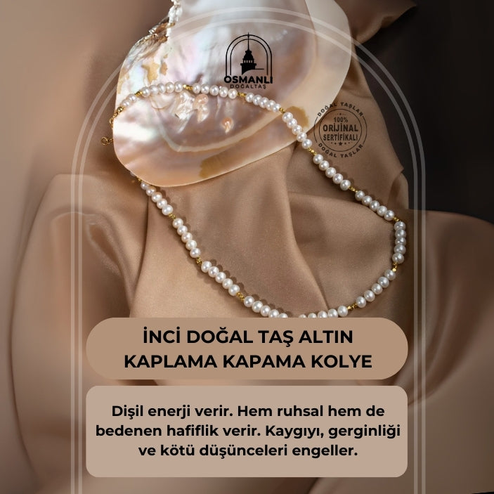 İnci Doğal Taş Altın Kaplama Kapama Kolye