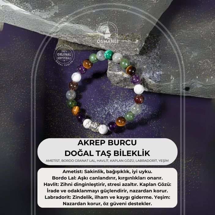 Akrep Burcu Bileklik Ametist, Bordo Granat Lal, Havlit, Kaplan Gözü, Labradorit, Yeşim