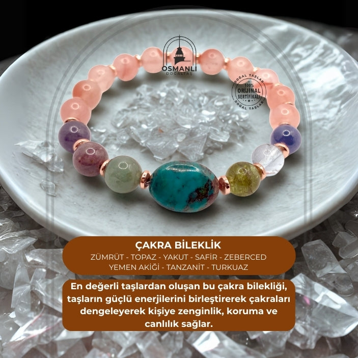 En Değerli Taşlardan Çakra Bilekliği Zümrüt Topaz Yakut Safir Zeberced Yemen Akiği Tanzanit Turkuaz