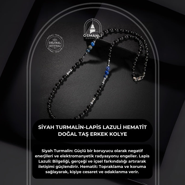 Siyah Turmalin-Lapis Lazuli-Hematit Doğal Taş Erkek Kolye
