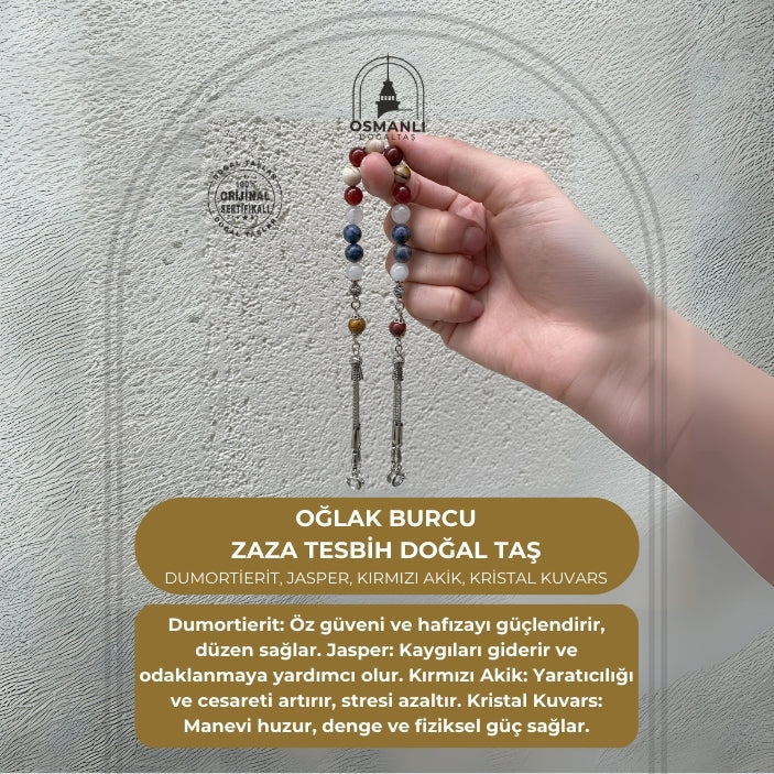 Oğlak Burcu Zaza Tesbih Doğal Taş Dumortierit, Jasper, Kırmızı Akik, Kristal Kuvars