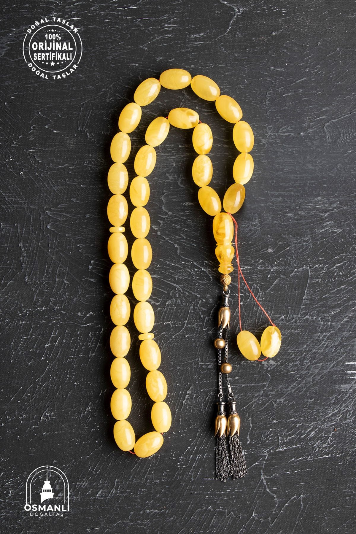 Sertifikalı Lale Motifli 9-12 mm Kapsül Kesim Gold Kaplama Gümüş Kehribar Tesbih - 50,54 g