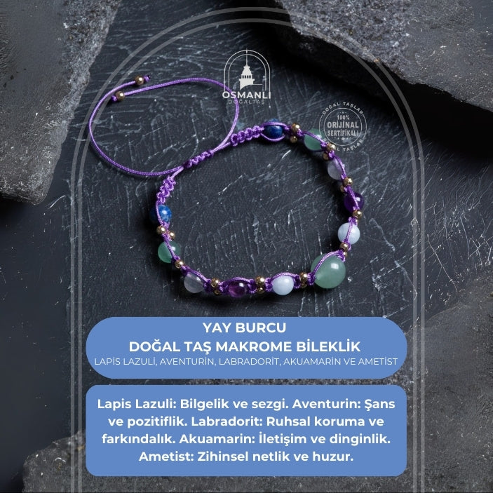Sertifikalı Doğal Taş Makrome Bileklik-Yay Burcu