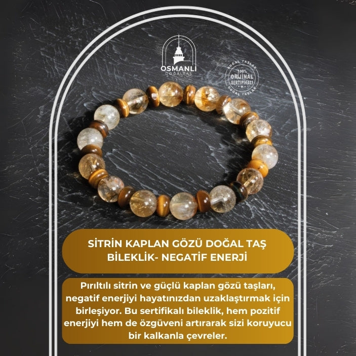 Sertifikalı Orijinal Sitrin Kaplan Gözü Doğal Taş Bileklik- Negatif Enerji