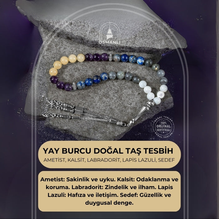 Yay Burcu Tesbih Ametist, Kalsit, Labradorit, Lapis Lazuli, Sedef