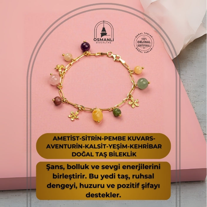 Ametist-Sitrin-Pembe Kuvars-Aventurin-Kalsit-Yeşim-Kehribar Doğal Taş Sarı Gümüş Bileklik
