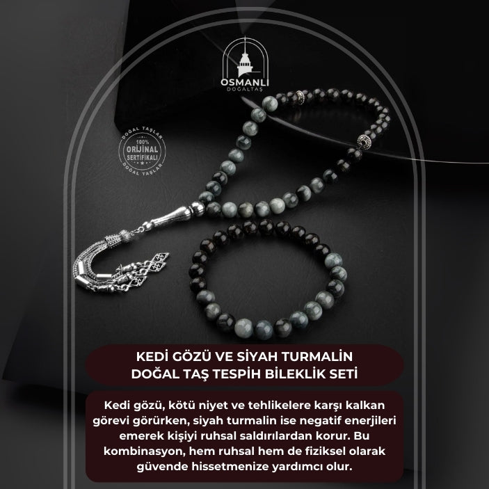 Kedi Gözü-Siyah Turmalin Doğal Taş Tesbih Bileklik Seti