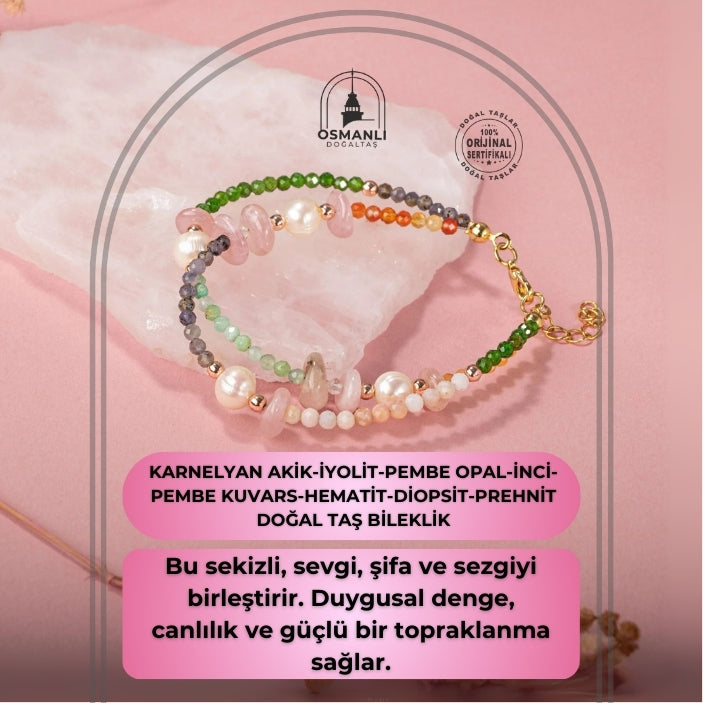 Karnelyan Akik-İyolit-Pembe Opal-İnci-Pembe Kuvars-Hematit-Diopsit-Prehnit Doğal Taş Bileklik