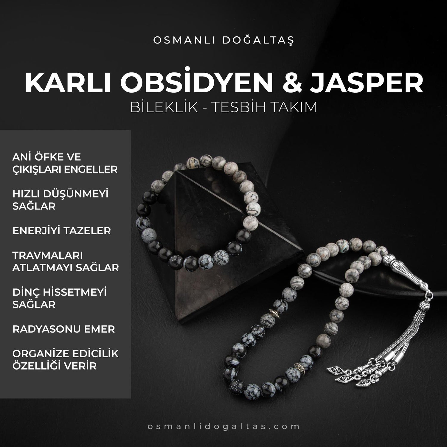 Gri Jasper-Karlı Obsidyen Doğal Taş Tesbih Bileklik Seti