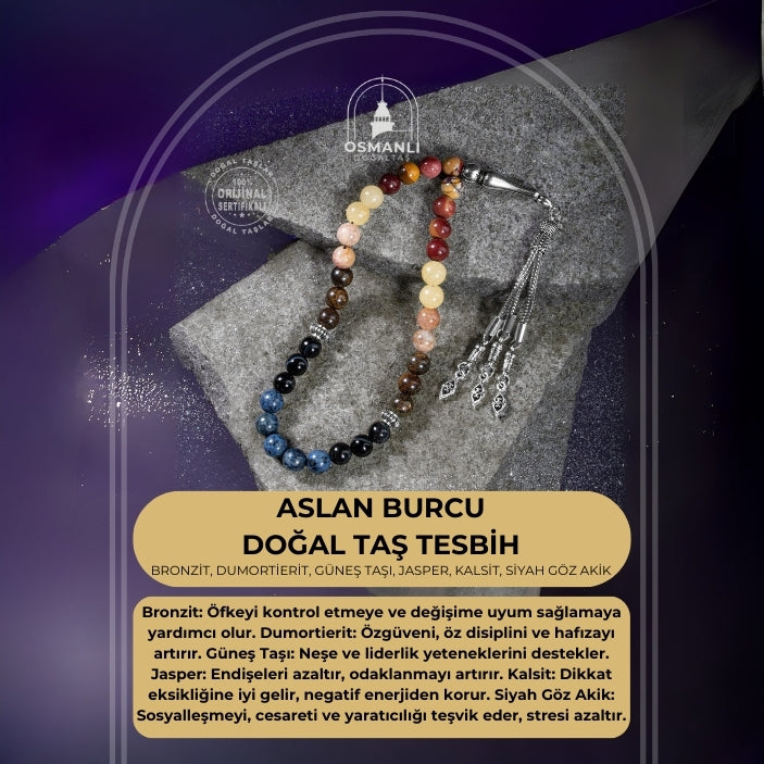 Aslan Burcu Tesbih Bronzit, Dumortierit, Güneş Taşı, Jasper, Kalsit, Siyah Göz Akik