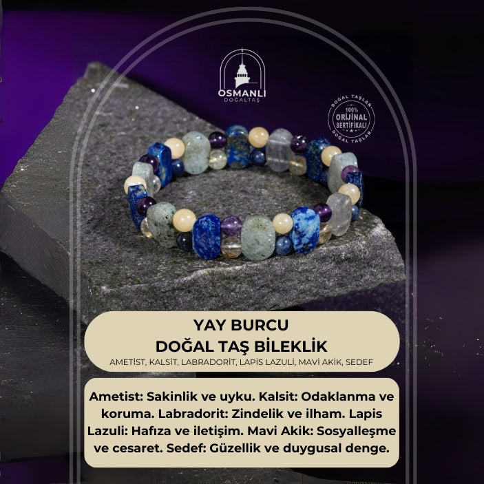 Yay Burcu Bileklik Ametist, Kalsit, Labradorit, Lapis Lazuli, Mavi Akik, Sedef