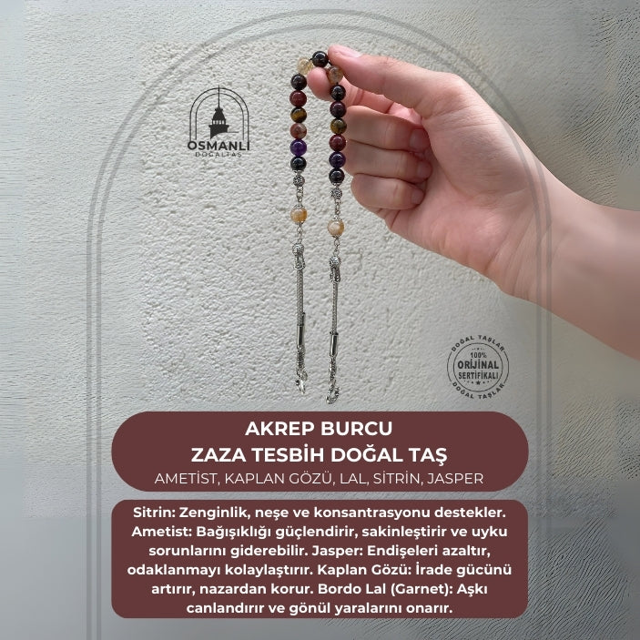Akrep Burcu Zaza Tesbih Doğal Taş Ametist, Kaplan Gözü, Lal, Sitrin, Jasper