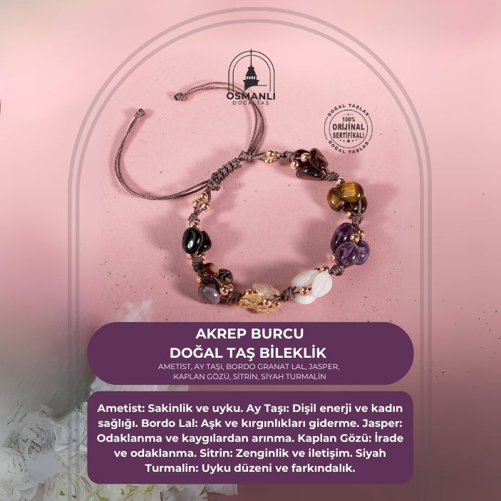 Akrep Burcu Bileklik Ametist, Ay Taşı, Bordo Granat Lal, Jasper, Kaplan Gözü, Sitrin, Siyah Turmalin