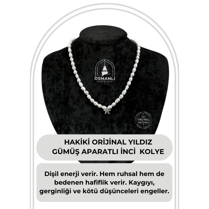 Sertifikalı Hakiki Orijinal İnci Doğal Taş Gümüş Aparatlı (Yıldız Aparatlı) Kolye