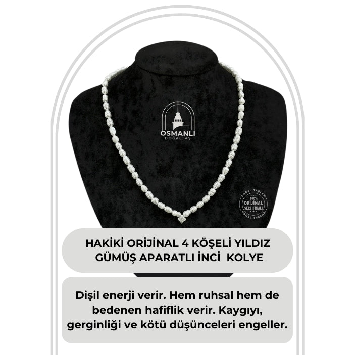 Sertifikalı Hakiki Orijinal İnci Doğal Taş Gümüş Aparatlı (4 Köşeli Yıldız Aparatlı) Kolye