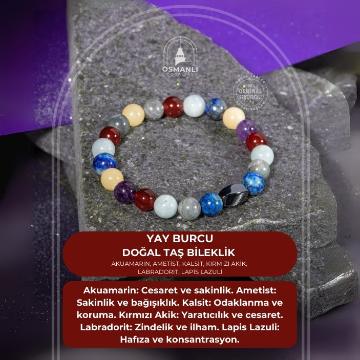 Yay Burcu Bileklik Akuamarin, Ametist, Kalsit, Kırmızı Akik, Labradorit, Lapis Lazuli