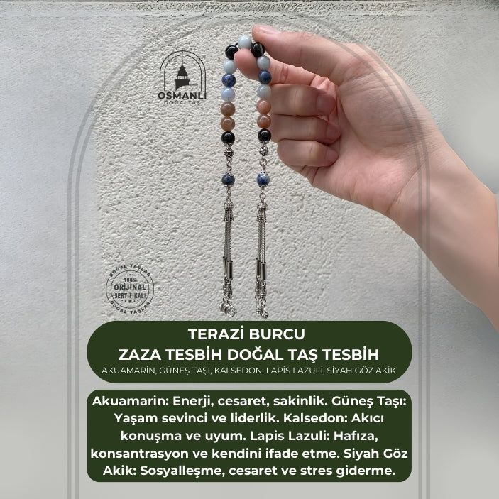 Terazi Burcu Zaza Tesbih Doğal Taş Akuamarin, Güneş Taşı, Kalsedon, Lapis Lazuli, Siyah Göz Akik