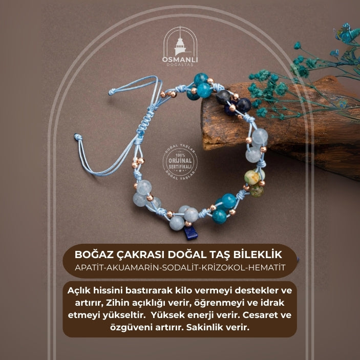 Boğaz Çakrası Doğal Taş Bileklik - Apatit-Akuamarin-Sodalit-Krizokol-Hematit