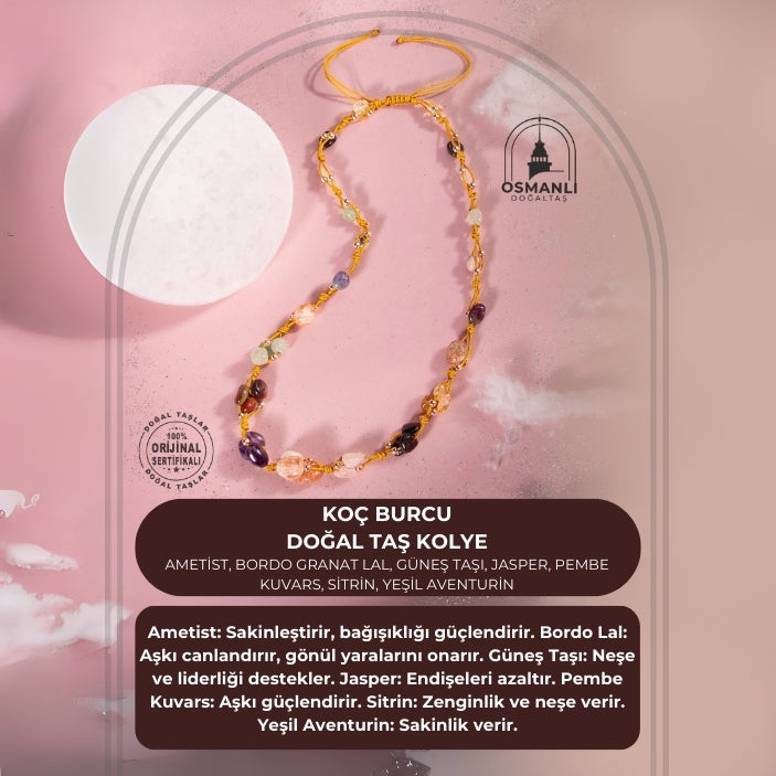 Koç Burcu Kolye Ametist, Bordo Granat Lal, Güneş Taşı, Jasper, Pembe Kuvars, Sitrin, Yeşil Aventurin