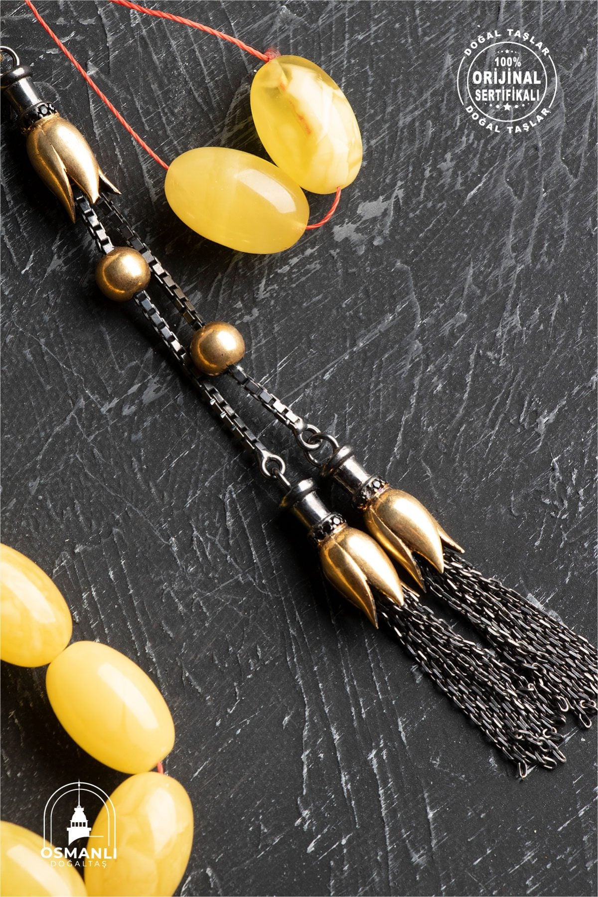 Sertifikalı Lale Motifli 9-12 mm Kapsül Kesim Gold Kaplama Gümüş Kehribar Tesbih - 50,54 g