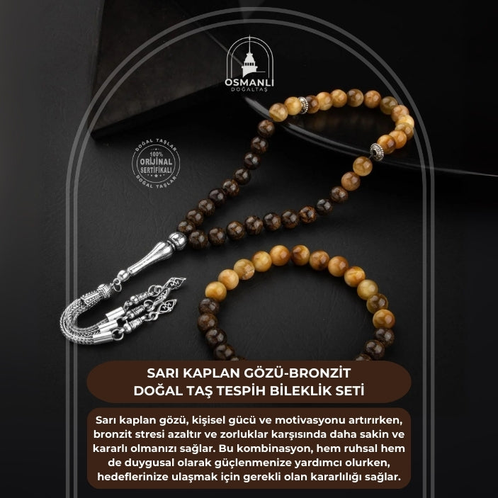 Sarı Kaplan Gözü-Bronzit Doğal Taş Tesbih Bileklik Seti
