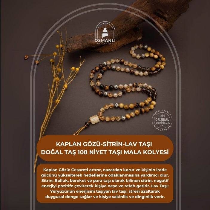 Kaplan Gözü-Sitrin-Lav Taşı Doğal Taş 108 Niyet Taşı Mala Kolyesi