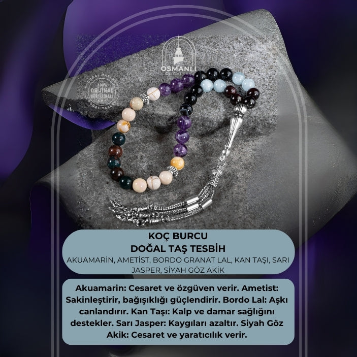 Koç Burcu Tesbih Akuamarin, Ametist, Bordo Granat Lal, Kan Taşı, Sarı Jasper, Siyah Göz Akik
