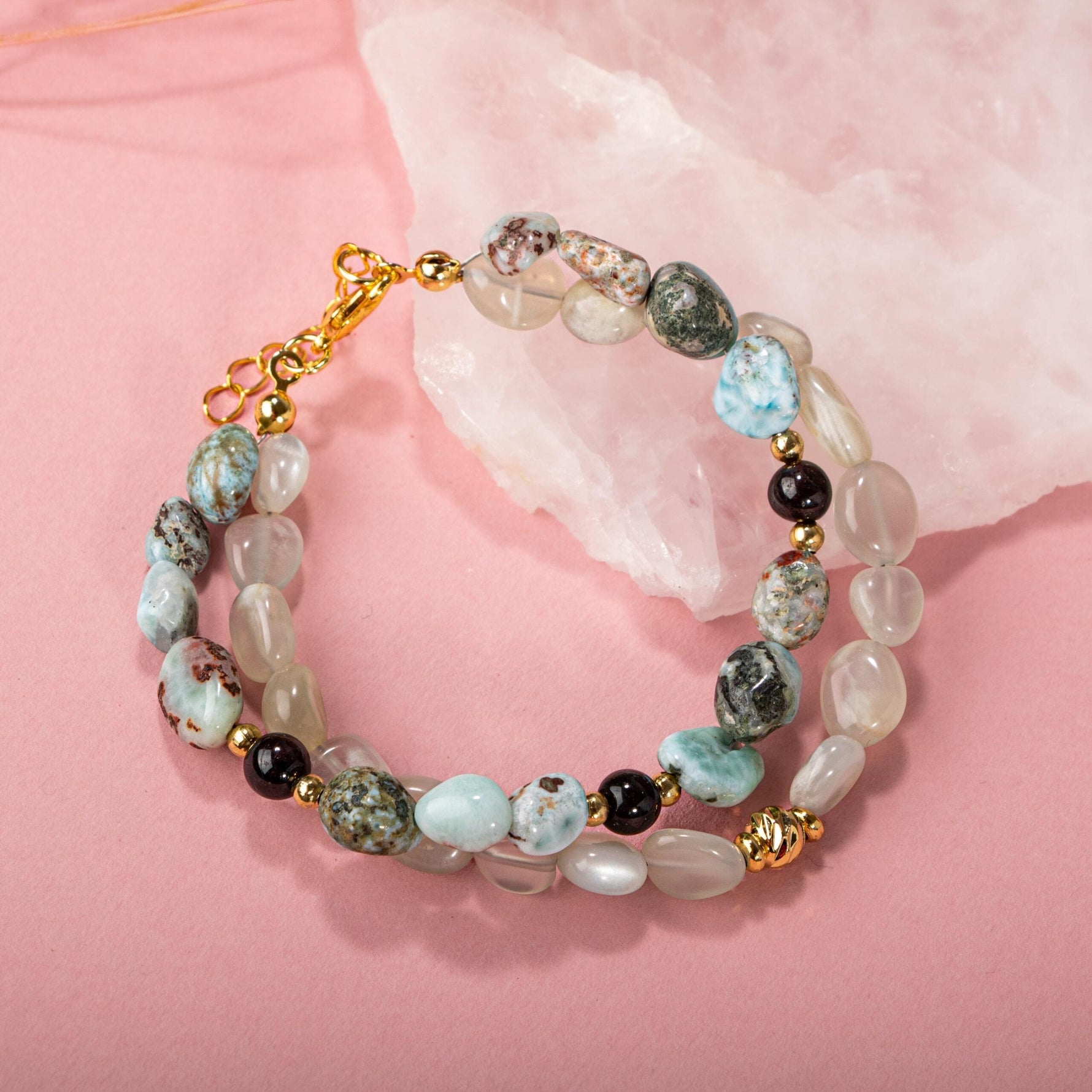 Larimar-Lal-Hematit-İnci-Ay Taşı Altın Kaplama Doğal Taş Bileklik