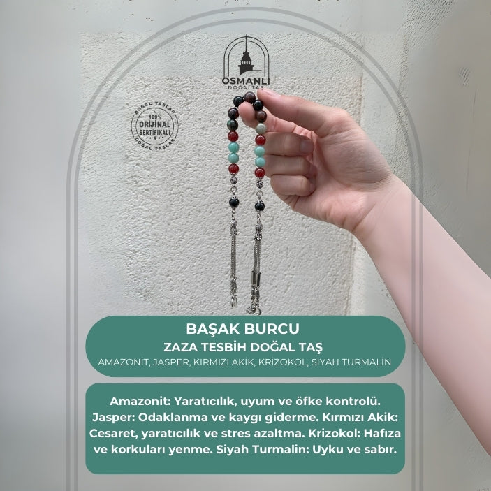 Başak Burcu Zaza Tesbih Doğal Taş Amazonit, Jasper, Kırmızı Akik, Krizokol, Siyah Turmalin