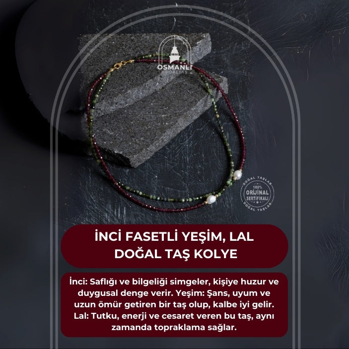 Sertifikalı Yeşim, Lal, İnci Fasetli Doğal Taş Kolye