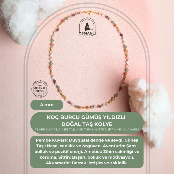 Sertifikalı Koç Burcu Gümüş Yıldızlı Doğal Taş Kolye