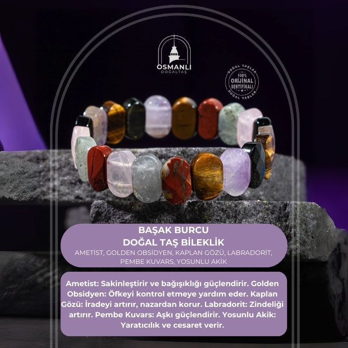 Başak Burcu Bileklik Ametist, Golden Obsidyen, Kaplan Gözü, Labradorit, Pembe Kuvars, Yosunlu Akik