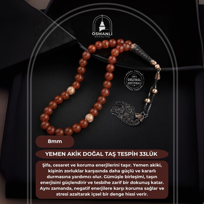 Yemen Akik Doğal Taş 8mm Gümüş Tesbih