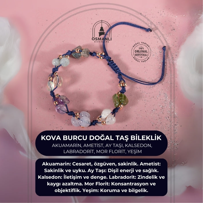 Kova Burcu Bileklik Akuamarin, Ametist, Ay Taşı, Kalsedon, Labradorit, Mor Florit, Yeşim