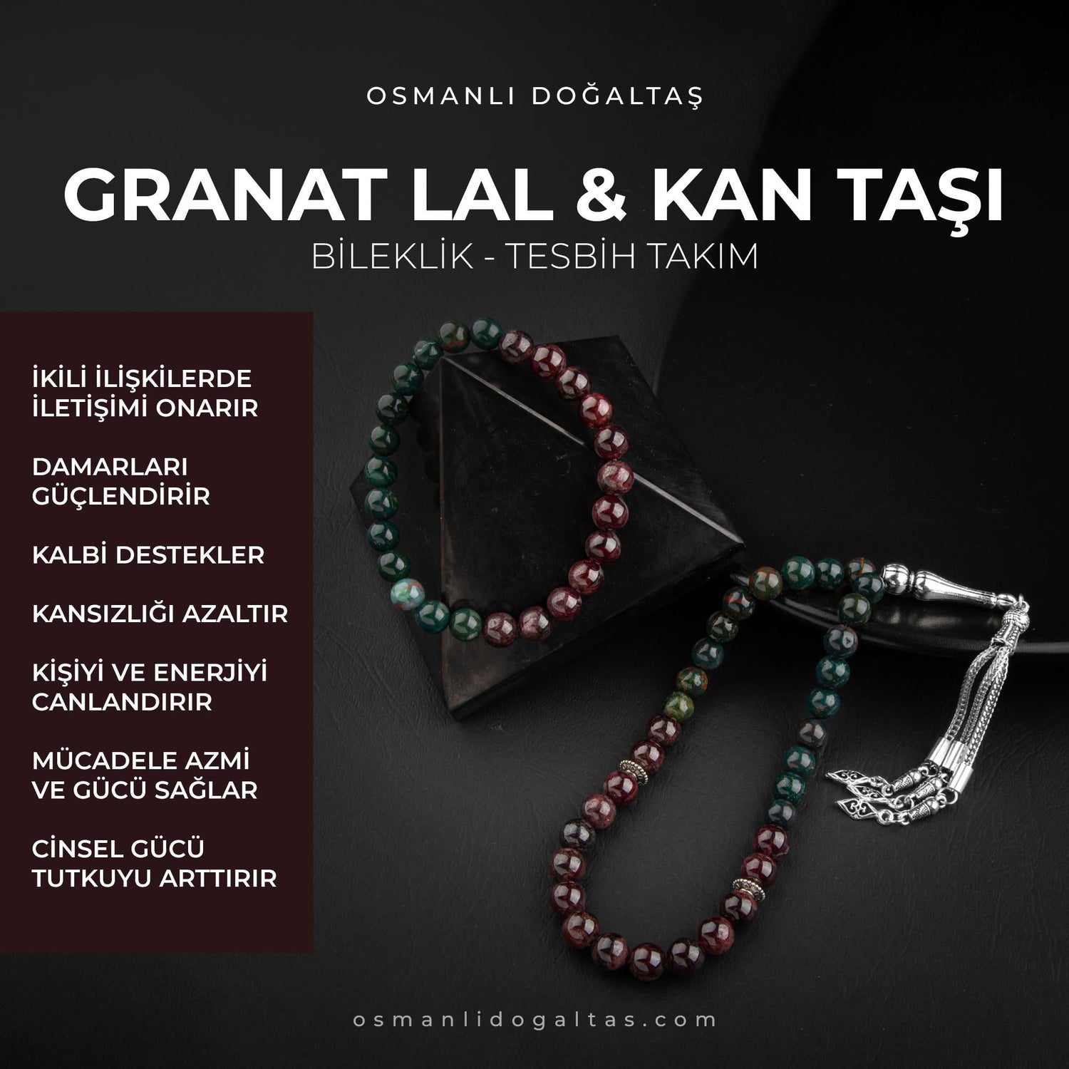 Kan Taşı-Bordo Granat Lal Doğal Taş Tesbih Bileklik Seti