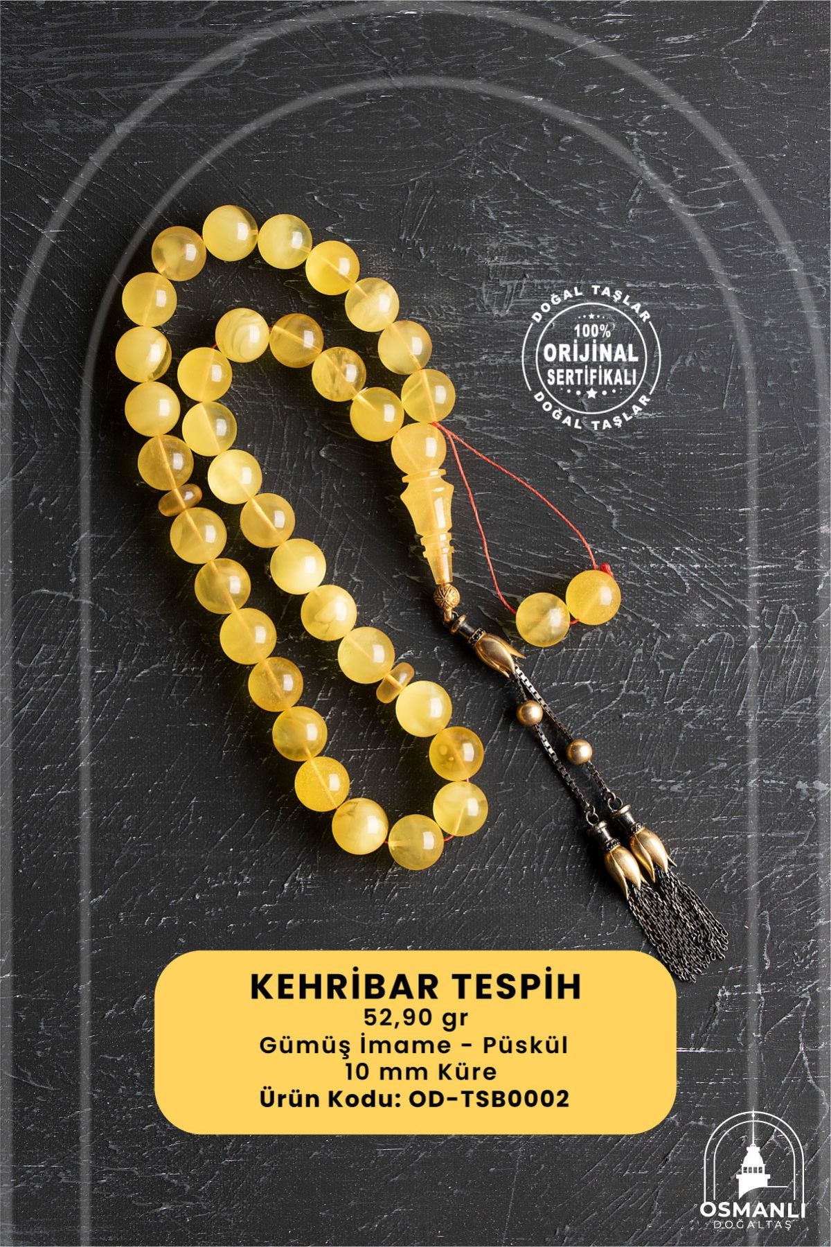 Sertifikalı Lale Motifli 10 mm Küre Kesim Gold Kaplama Gümüş Kehribar Tesbih - 52,90 gr