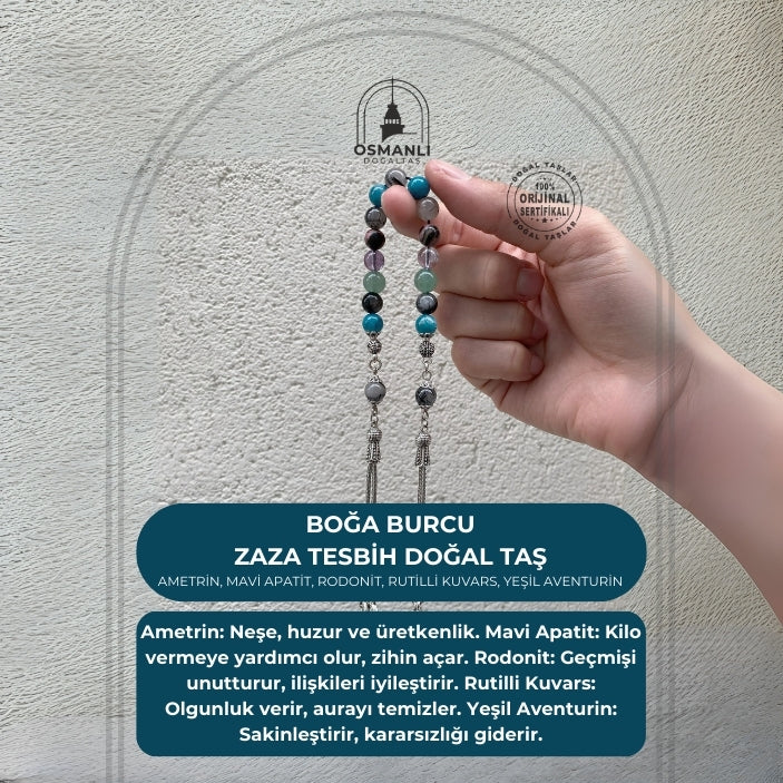 Boğa Burcu Zaza Tesbih Doğal Taş Ametrin, Mavi Apatit, Rodonit, Rutilli Kuvars, Yeşil Aventurin
