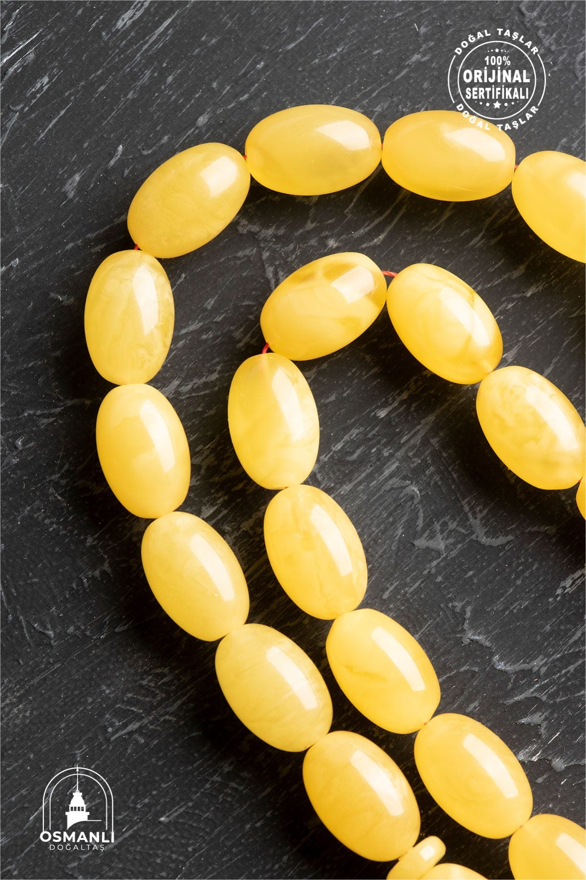 Sertifikalı Lale Motifli 9-12 mm Kapsül Kesim Gold Kaplama Gümüş Kehribar Tesbih - 50,54 g