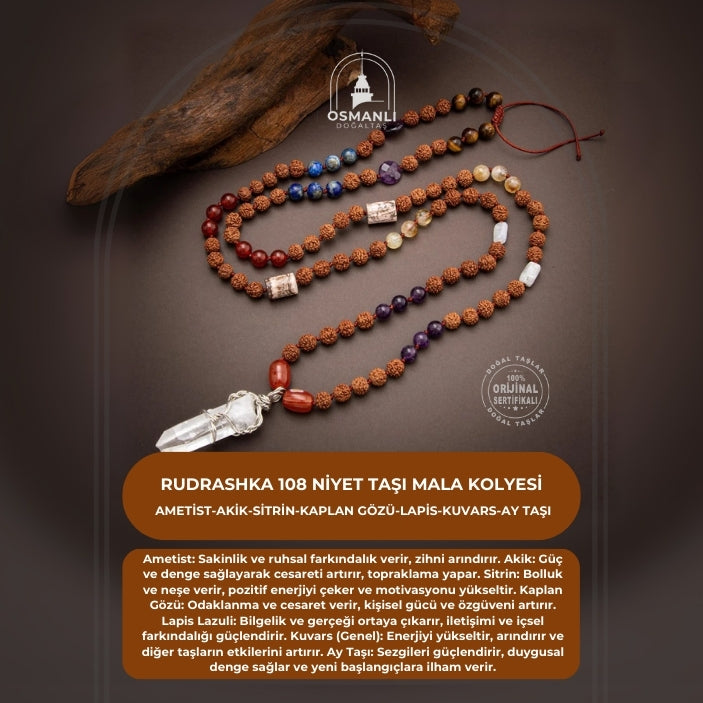 Rudrashka 108 Niyet Taşı Mala Kolyesi - Ametist-Akik-Sitrin-Kaplan Gözü-Lapis-Kuvars-Ay Taşı