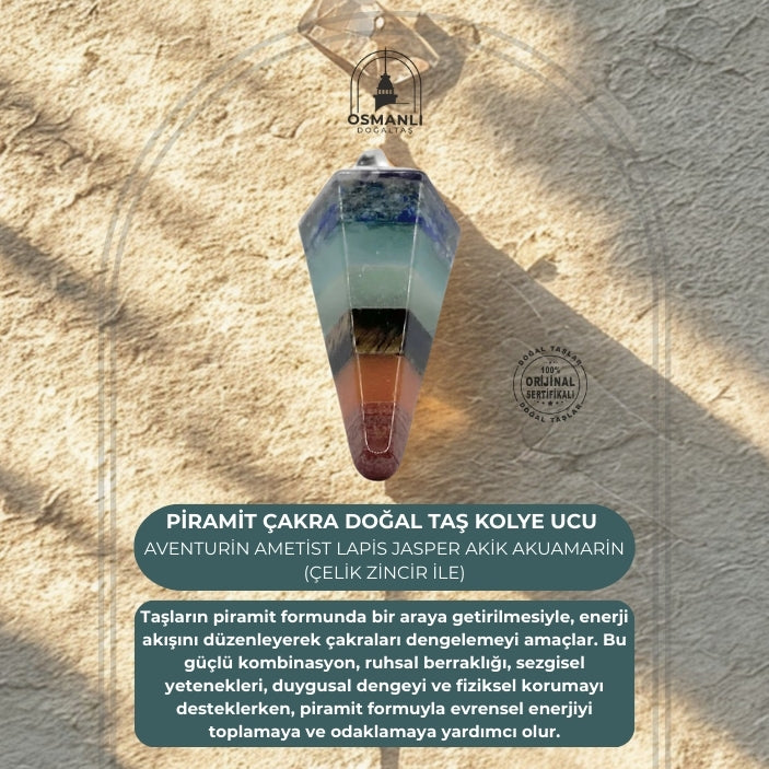 Piramit Çakra Doğal Taş Kolye Ucu Aventurin Ametist Lapis Jasper Akik Akuamarin (Çelik Zincir İle)